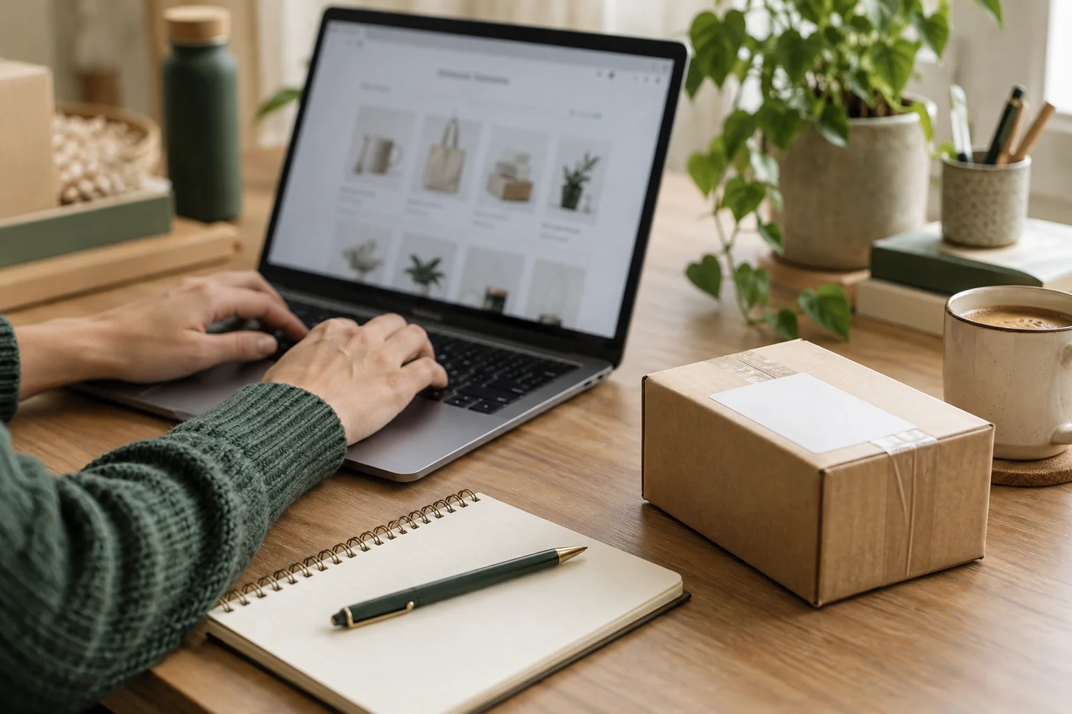 Hands working on a laptop beside a parcel, notebook and coffee
